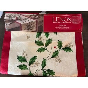 LENOX DELUXE CHRISTMAS TABLE RUNNER IVORY 14" X 90" RED BORDER GREEN HOLLY NEW